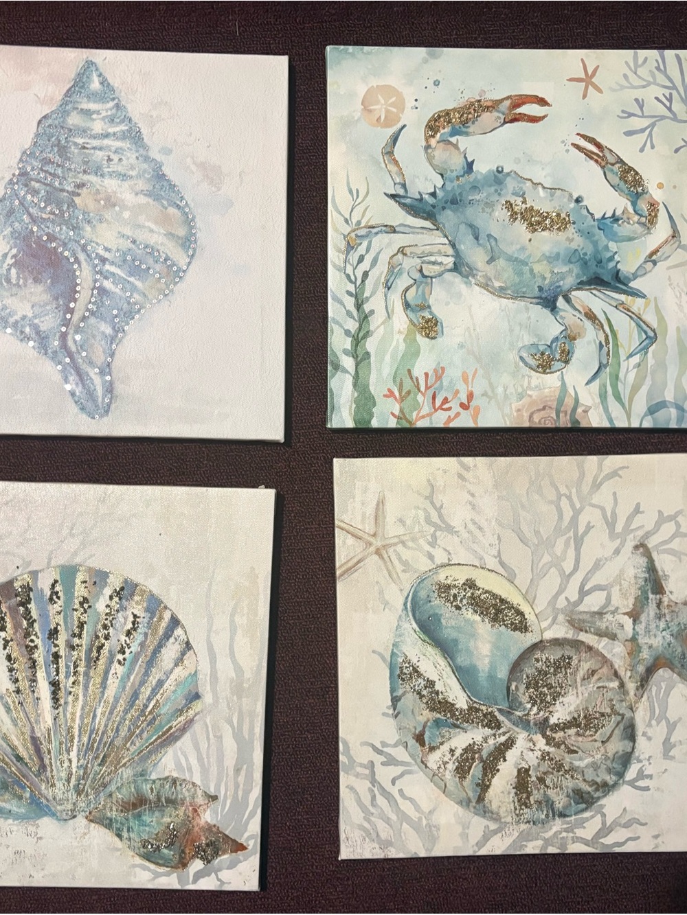 Coastal Blue Sea Creature Canvas Wall Art Set - 4 separate pics